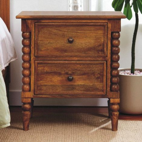 Table de chevet pied fuseau chêne ambré en bois massif, 2 tiroirs, Brun