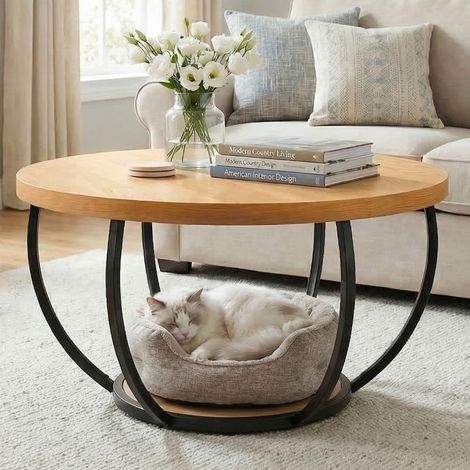 Table basse ronde bois avec rangement 2 niveaux Ø80cm (1/5)