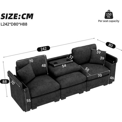 Canapé 3 places moderne en chenille avec coussins, table rabattable, ports USB, porte-gobelets et rangement, pour salon ou bureau (1/5)