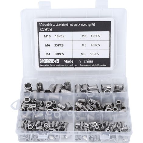 Kit de rivetage rapide de 205 écrous à sertir en acier inoxydable M3-M10 avec boîte transparente (1/5)
