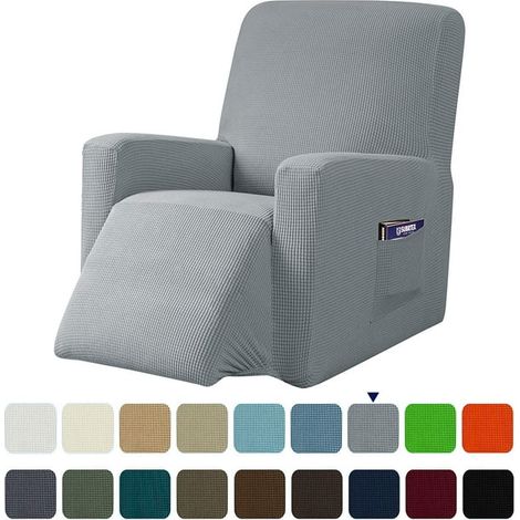 Housse extensible monobloc pour fauteuil inclinable, à motif quadrillé et poches (1/3)