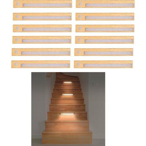 Lot de 12 Lampes LED Détecteur de Mouvement Effet Bois Magnétique Sans Fil 23,5 x 3 x 1,3 cm - Livraison gratuite