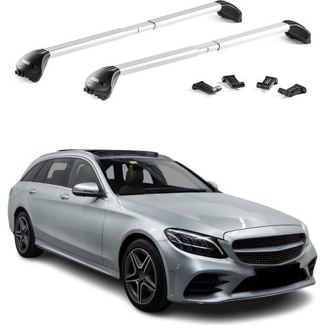 OMAC Barres de toit transversales certifiées TÜV pour Mercedes Classe C S205 2014-2021 – Verrouillables (4 antivols) – Charge max 100 kg – Fixation durable Argent (1/4)