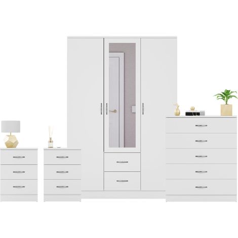 Riano 4 Piece Bedroom Set (3 Drw Bedside Chest, 5 Drw Chest, 3 Dr 2 Drw Mirrored Wardrobe), White (1/3)