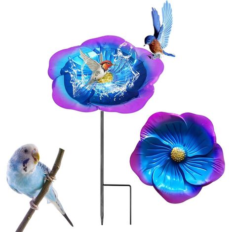 Mangeoire Oiseaux en Fer en Forme De Fleur Abreuvoir, Grand Abreuvoir à Oiseaux Debout avec Pied, Mangeoire Oiseaux Sauvage Décor pour Cour, Jardin, Pelouse (Bleu Violet) (1/5)