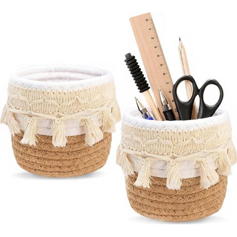 2 Pièces Rangement Pinceaux Maquillage 10 × 10 cm Mini Panier Tressé avec Pompons Pot Pinceau Maquillage Bohème Rangement Coiffeuse pour coiffeuse salle de bain Bureau Articles de Papeterie (1/5)