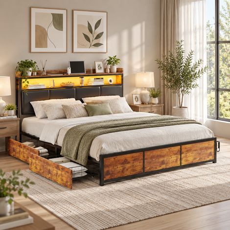Lit coffre 140×200 cm, 4 tiroirs de rangement, lit capitonné avec éclairage LED, lit double, tête de lit avec rangement, cadre métallique, lit moderne pour adultes, similicuir PU, Noir (1/5)
