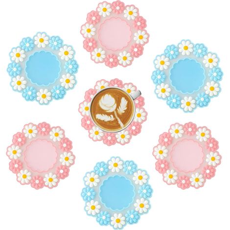 JSSEVN-6 Posavasos con diseño de margaritas, PVC antideslizante, redondos de 10 x 10 cm, posavasos reutilizables (1/5)