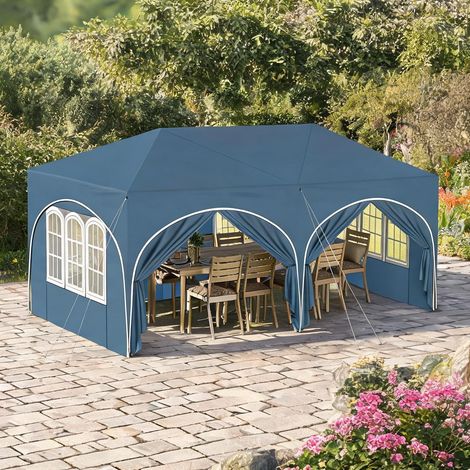 Gazebo rectangulaire bleu avec structure en métal et protection (1/5)