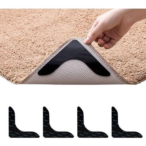 BUNTHAUS Lot de 4 autocollants antidérapants et réutilisables pour tapis de sol, sols en bois dur, carrelage, tapis de sol, gardez votre tapis en place et rendez les coins plats pour les coins (noir, 