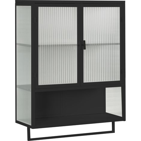 Armadietto pensile nero in vetro e metallo 60 cm con doppia anta, ripiano aperto e porta asciugamani (1/5)