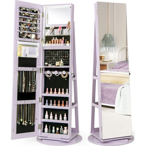 Mobiletto portagioielli 3 in 1 con specchio a figura intera 54,5 x 161 cm con rotazione a 360° e comodo spazio di archiviazione realizzato in MDF viola 200010356