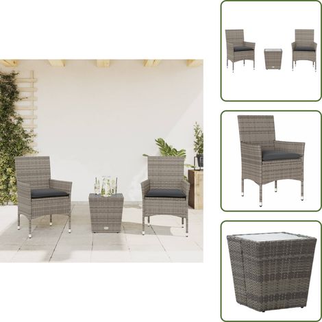Ensemble de bistro avec coussins 3 pcs gris rotin et verre - Meubles De Jardin - Salon De Jardin - Set De Bistro - Mobilier D'extérieur - Résine Tressée (1/5)