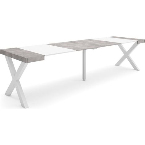 Skraut Home - Table console extensible, Console meuble, 300, Pour 14 personnes, Pieds bois massif, Style moderne, Blanc et Gris Ciment (1/5)