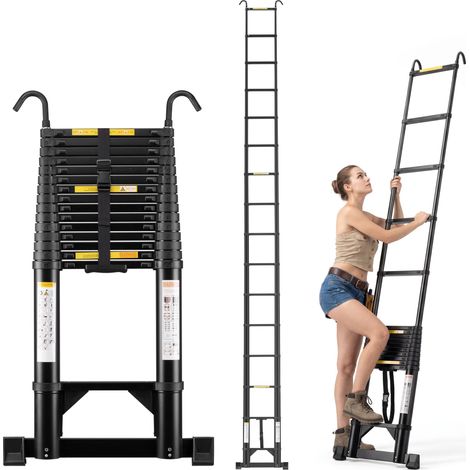 Stanew – Échelle télescopique 6.2 m en aluminium – Charge max 150 kg – Barre stabilisatrice et crochets amovibles – Antidérapante et pliable