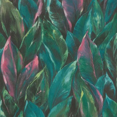 Tropical Leaf Jungle Vinyl Wallpaper Teal Green Pink Dark Botanical Feature Wall