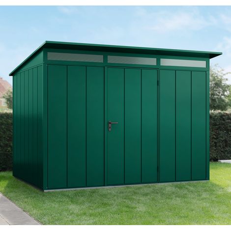Hörmann Ecostar Metall-Gerätehaus Elegant mit Pultdach Typ 3, 313 x 283 cm, moosgrün, 7,2 m², 1-flüglige Tür