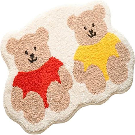 Tapis de salle de bain motif ours mignon, style cartoon, imitation cachemire antidérapant absorbant 60x90cm, jaune et rouge, idéal pour salon ou table basse