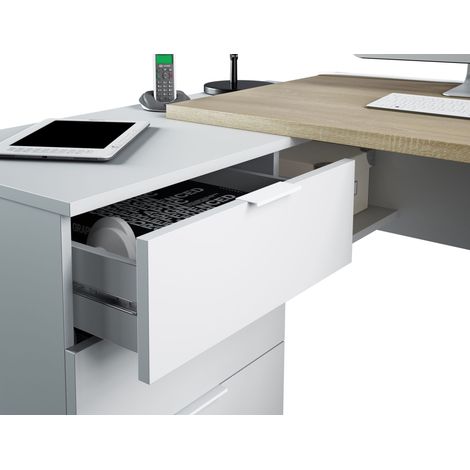 Bureau d'angle réversible en mélaminé – Chêne canadien et blanc Artik – 145 cm longueur x 108 cm profondeur x 73 cm hauteur – 3 tiroirs spacieux – Dimaplast — vue 4
