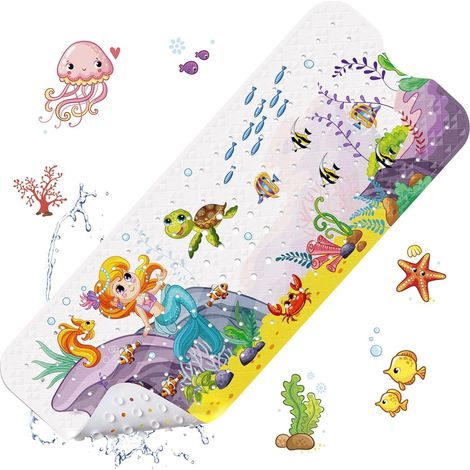 (Sirène) Tapis de bain antidérapant pour bébé, tapis de bain antidérapant 100 x 40 cm, tapis de douche robuste avec 200 ventouses pour enfants et bébés, matériau PVC sans BPA, lavable en machine (1/5)