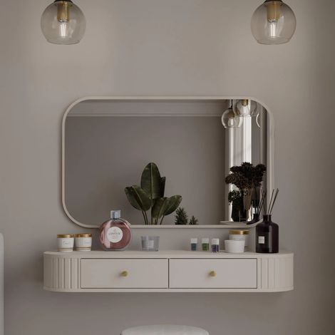 AX LIVING Schminktisch Halay Beige 2 Schubladen mit runden Kanten + Rechteckiger Spiegel