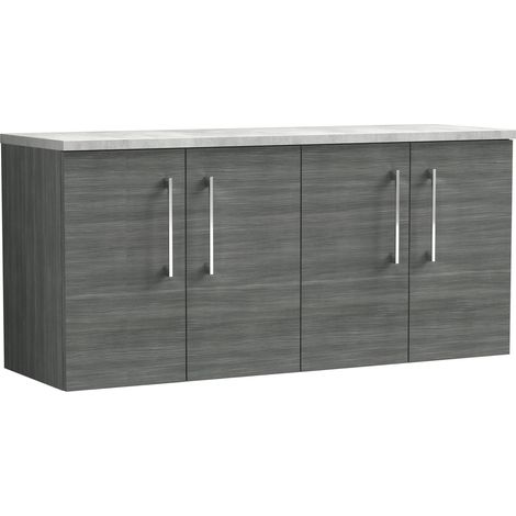 Balterley Bramshall 1200mm Wall Hung 4 Door Vanity Unit with Laminate Worktop for Contemporary Bathroom Storage - Anthracite Woodgrain
