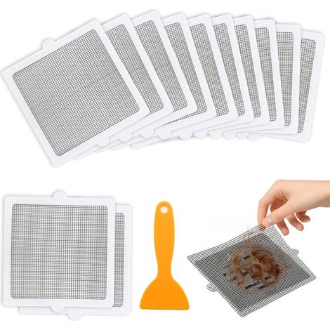 Filtre à cheveux pour caniveau de douche 15 x 15 cm - 20 feuilles - Avec spatule en plastique - En fibre de verre - Autocollant en maille - Pour douche, cuisine, balcon (1/5)