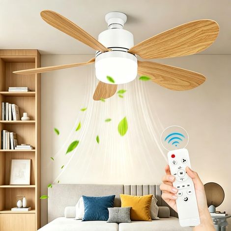 Ventilateur de Plafond avec Lumière et Telecommande, E27/E26 Lampe de Ventilateur LED Plafonnier Timing - 5 Pales - Dimmable, Silencieux, 3 Vitesses, pour Cuisine Chambre Salon (52cm Grain de Bois) (1/5)