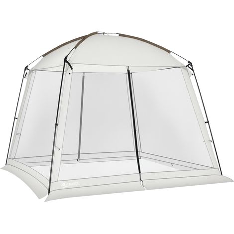 Tente de jardin 3x3m pour 6 à 8 personnes avec 4 moustiquaires et 2 portes, protection UV50+, sac de transport inclus, blanche