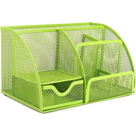 Organizador de escritorio de malla para material de oficina y escolar con 6 compartimentos y cajón (verde) (1/5)