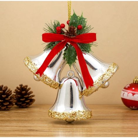Cloches de Noël suspendues argentées paillettes dorées 26 cm, déco festive intérieure (1/2)