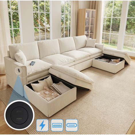 MODFU – Sofá esquinero modular de 6 plazas 277x135 cm de algodón-lino con USB, Type-C, 2 puff arcón, espuma de alta elasticidad y muelles ensacados – Beige (1/5)