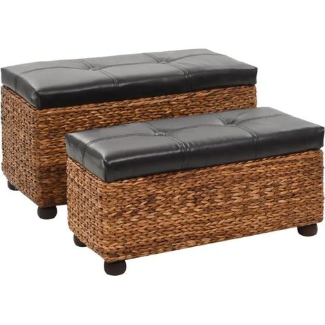 Banquette coffre capitonné jacinthe d'eau et similicuir noir pieds bois massif foncé Kiva - Lot de 2 (1/5)