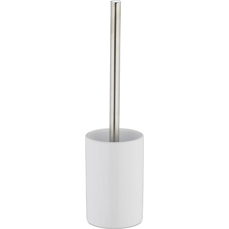 Porte brosse WC céramique avec brosse WC et tête changeable poignée en métal rond 36 cm, blanc (1/5)
