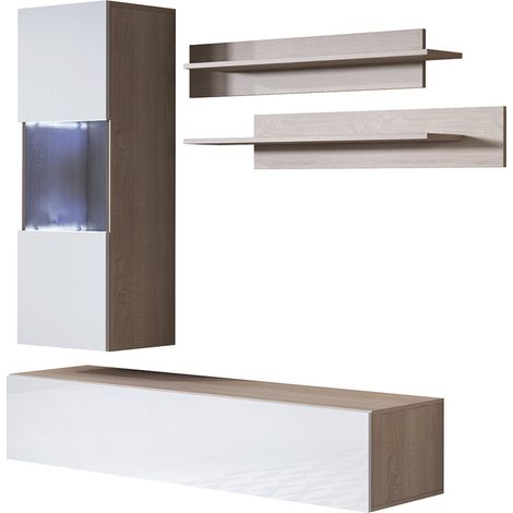 Ensemble de Meubles TV  Mur de Rangement  Meuble salon  Suspendu avec LED  Modèle Luke 6E  Sonoma mat et Blanc brillante