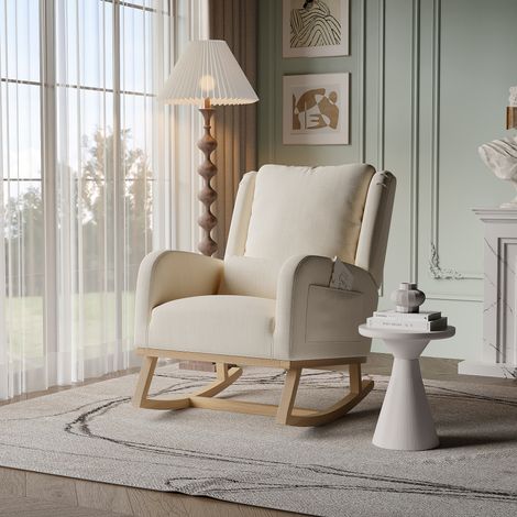 Fortuna Lai – Fauteuil à bascule en lin blanc – Accoudoirs ergonomiques – Dossier haut pour confort – Pieds en bois massif – Dimensions 70x93x96cm (1/5)