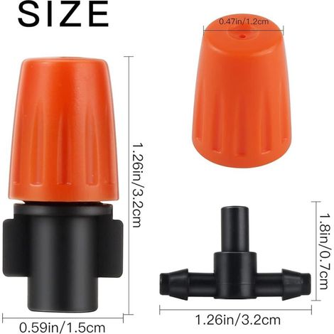 Packung mit 100 einstellbaren Mikro-Sprühdüsen für die Gartenbewässerung, Sprühköpfe mit 3-teiligem Tropfbewässerungs-Sprühset (Orange)