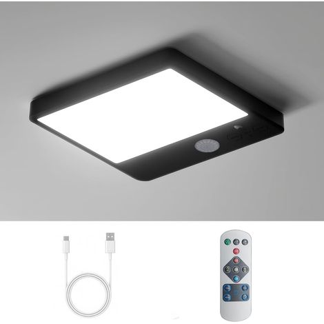 Plafonnier LED avec détecteur de mouvement télécommande sans fil rechargeable - 16 cm 3.5 W 3000K-6000K noir carré - Couloir chambre salon (1/5)