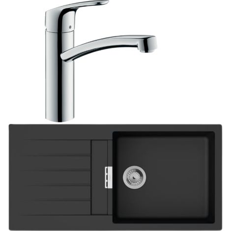 Fregadero 1 seno 980 HANSGROHE S52 negro síntesis + grifo de cocina HANSGROHE Focus M41 160 cromado