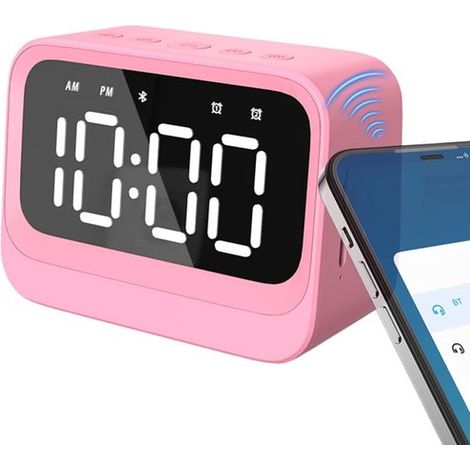 Longziming - Radio-réveil Bluetooth avec haut-parleur - Radio-réveil sans fil - Réveil numérique - Alarme douce - Son HD - ABS - Design léger, portable et fin - 1 pièce - Rose (1/5)