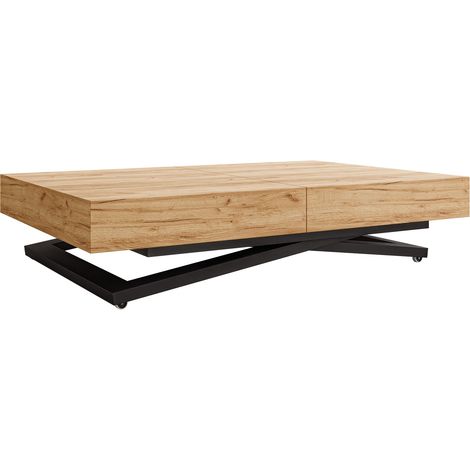 Mesa de centro convertible Oswego 171, Roble dorado artesanal, 27x80x120cm, Diámetro: 0, Aglomerado laminado, Angular