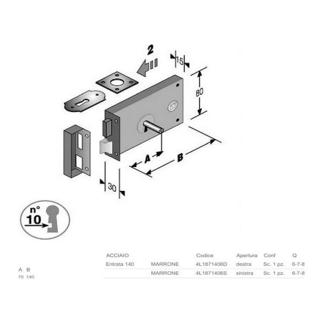 serratura orizzontale Bonaiti art 187 acciaio bronzato dx entrata 70 mm