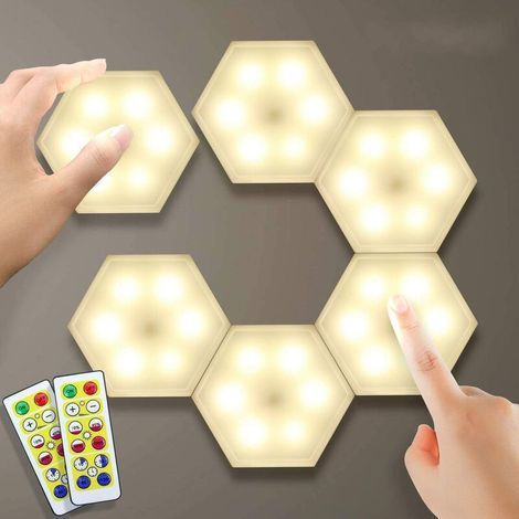 royaluxe - Lampe de Placard 6pcs Eclairage Cabinet DIY Applique Murale Hexagonal Assemblée Lampe Tactile LED Touch Sensitive Sans Fil Télécommande Veilleuse Dimmable Batterie Blanc Chaud (1/5)