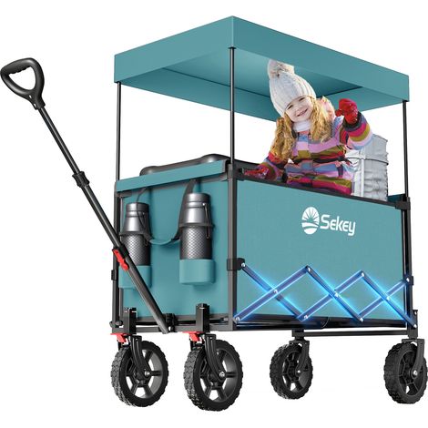 Sekey Bollerwagen Faltbar mit Dach, Handwagen bis 150 kg belastbar, Transportkarre, Gerätewagen, Blaugrün