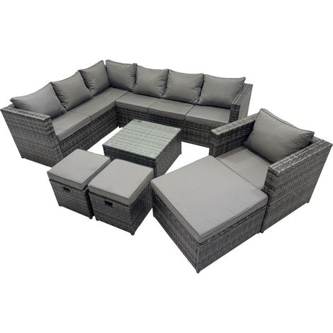 Fimous Rattan Garden Furniture Patio Furniture Sets with Corner Sofa Chair Square Coffee Table 3 Footstools Dark Grey Mixed (1/5)