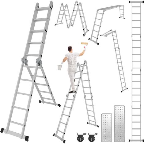 Randaco Escalera articulada multiusos 7 en 1 de aluminio, 4x5 peldaños, aprox. 582 cm / 5,8 m, plegable, 2 plataformas + 2 ruedas, carga máxima 150 kg (1/5)