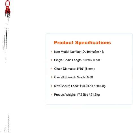 Sling à chaîne de longueur réglable, capacité de charge de 11 000 lbs, 10ft 8mm (1/2)
