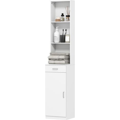 Armoire de salle de bain haute étroite blanche tiroir étagères placard panneaux de particules