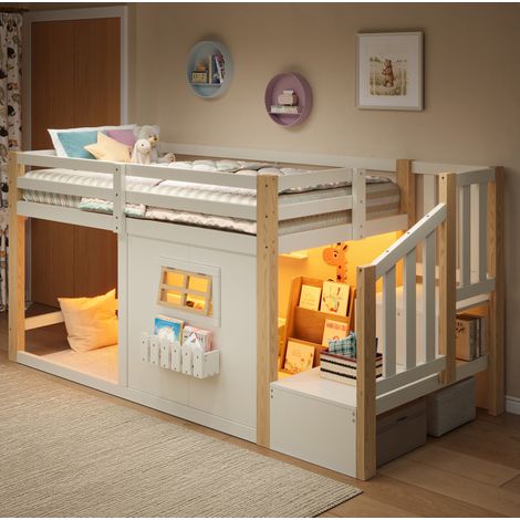 Hochbett 90x200 cm Weiß aus Kiefernholz und MDF mit Fenster, Stauraumtreppe und LED-Beleuchtung (1/5)