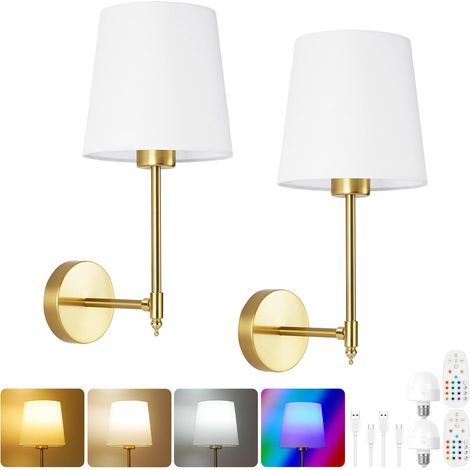 Applique Murale, 2 pièces Lampe Murale Sans Fil avec Abat Jour en Tissu Blanc, USB Rechargeable, RGB Appliques Murales avec télécommande Pour Chambre Couloir, alle la Décoration(Doré) (1/5)